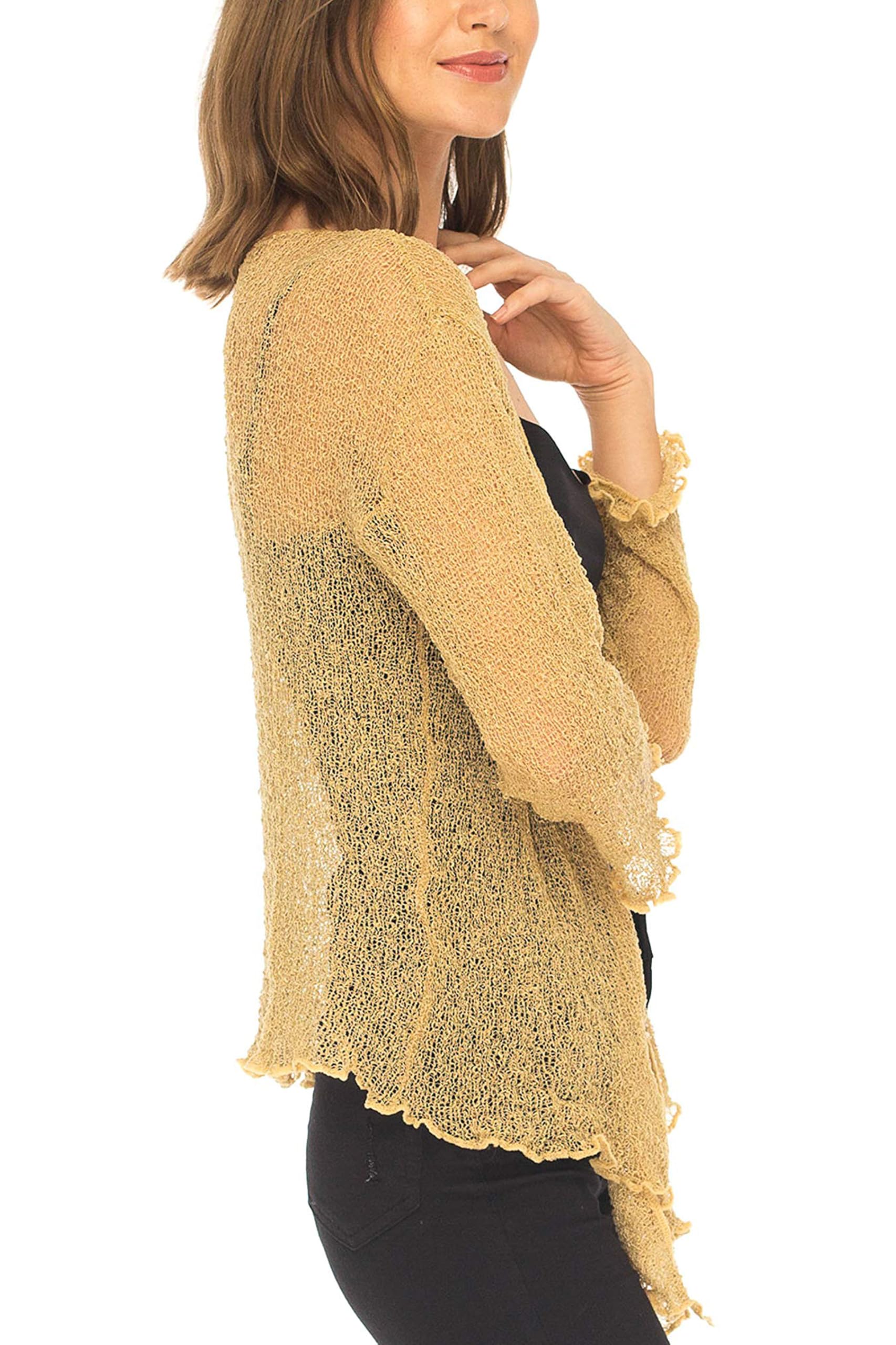 SHU-SHI - Cárdigan Transparente para Mujer - con Volante y Nudo Frontal - Punto Ligero