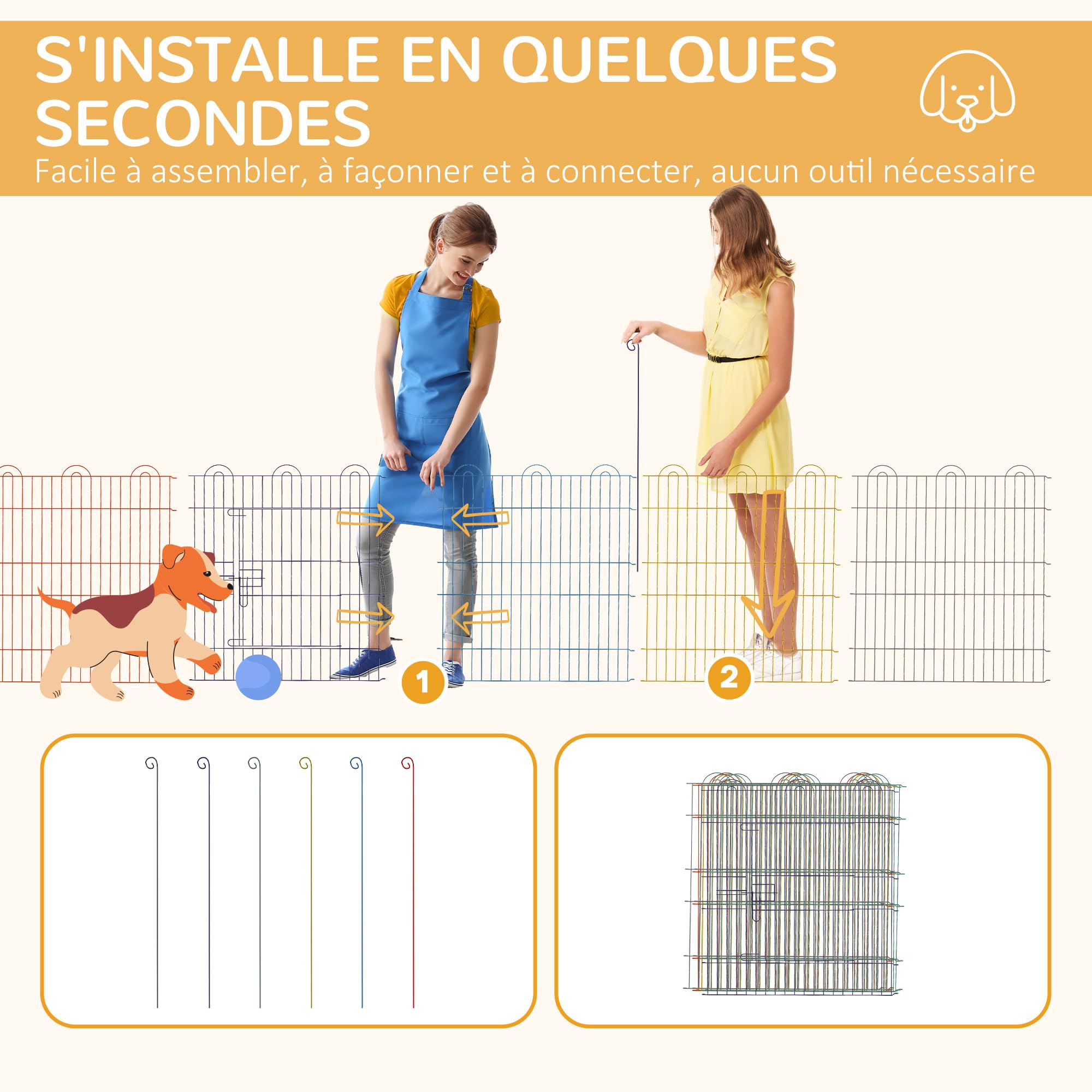 PawHut Enclos Chien Pliant en Acier 6 Panneaux Ø 120 x 60 cm Multicolore | Parc pour Chiens, Lapins, Rongeurs, Petits Animaux, Intérieur et Extérieur, avec Porte, Panneaux 58 x 60 cm