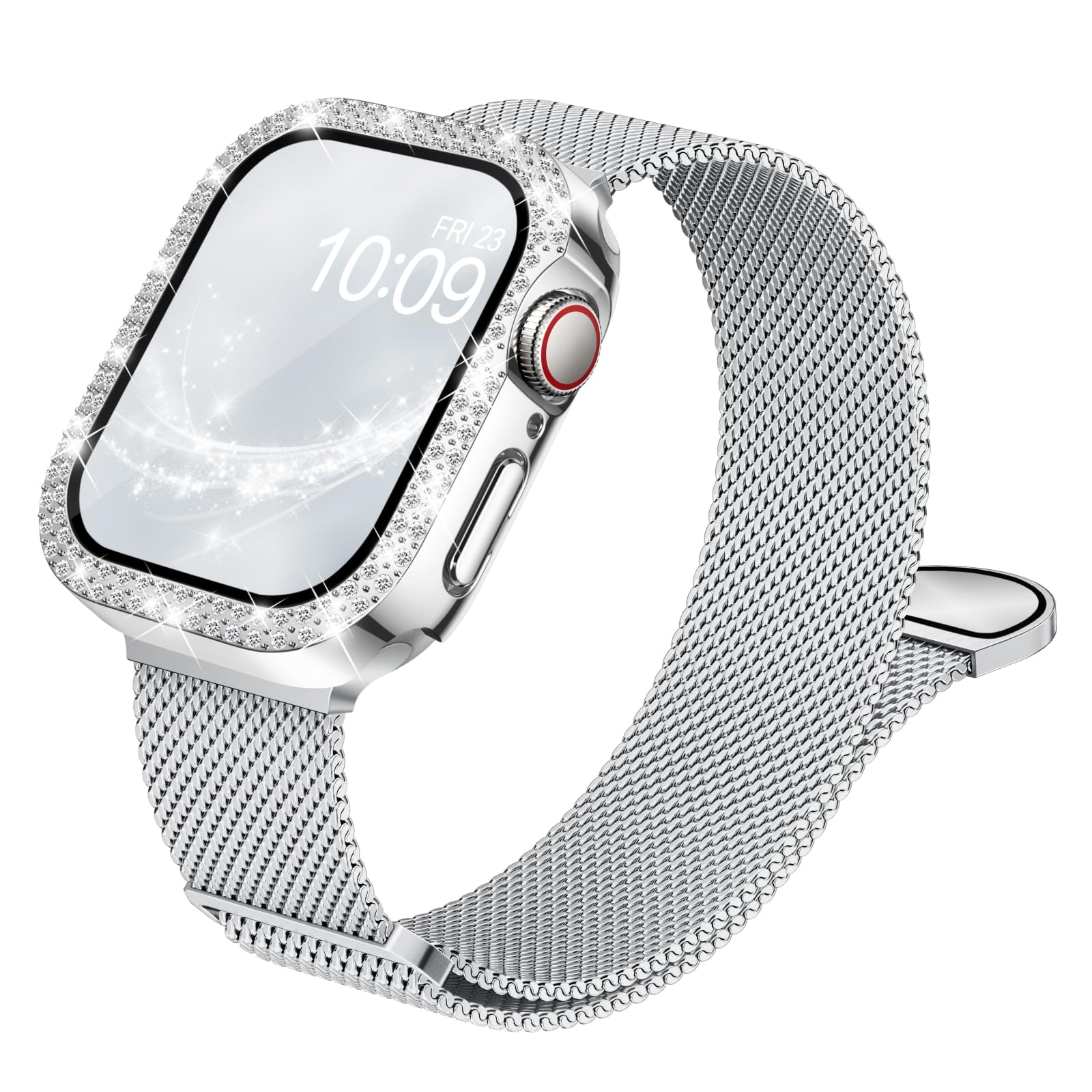 Compatible for Apple Watch Straps and Case Women, Magnetic Milanese Band and Double Row Diamond Screen Protector, Luxury & Versatile, Solve Boring Outfits, Eye-Catching for Work & Date — view 8