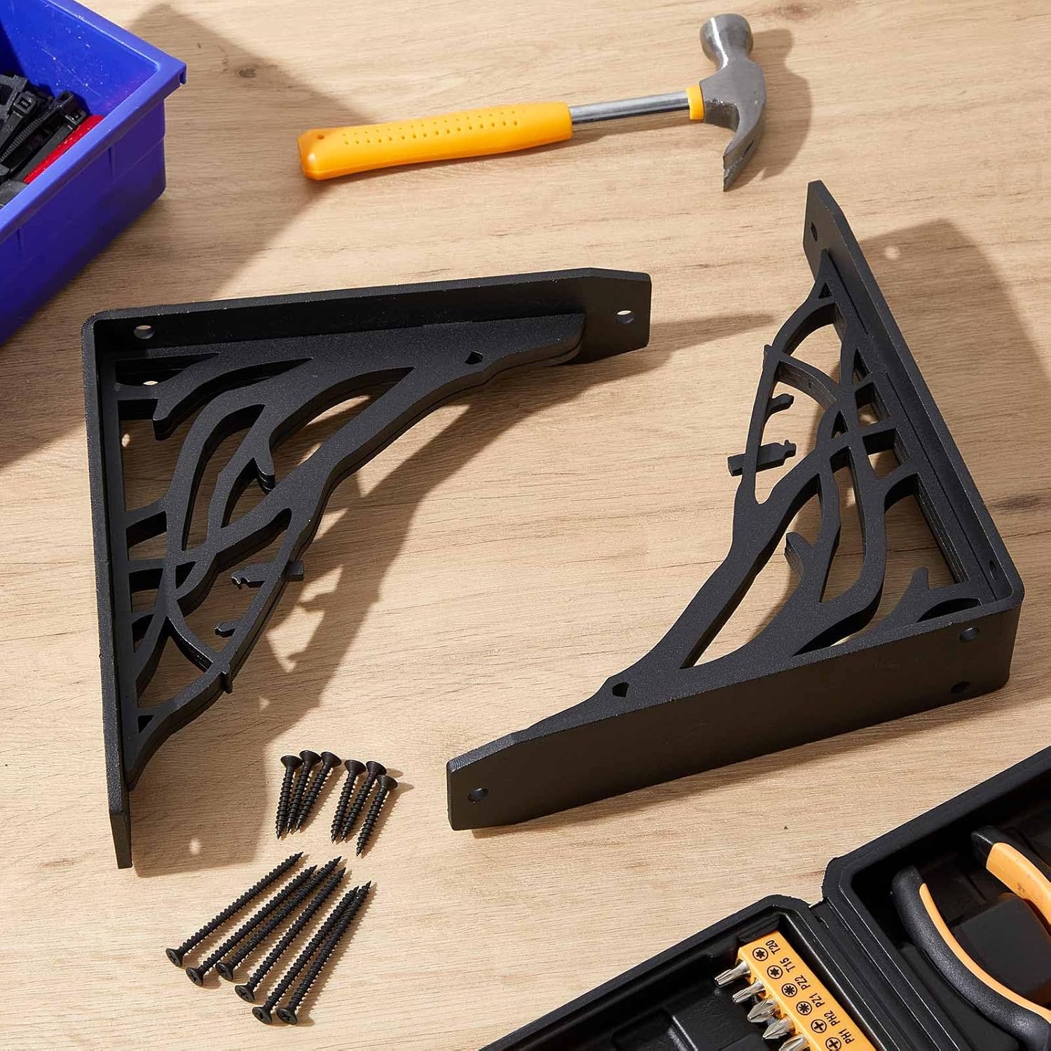 2 Pcs 8 x 8 x 2 Inch Heavy Duty Shelf Brackets 500 Lbs Capacity Metal Corbels for Mantels Countertops Profile and Decorative Shelving Wrought Iron Black (Vintage Style)