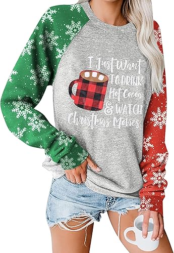 Anbech Womens Christmas Coffee Graphic Tshirt Merry Christmas Long Sleeve