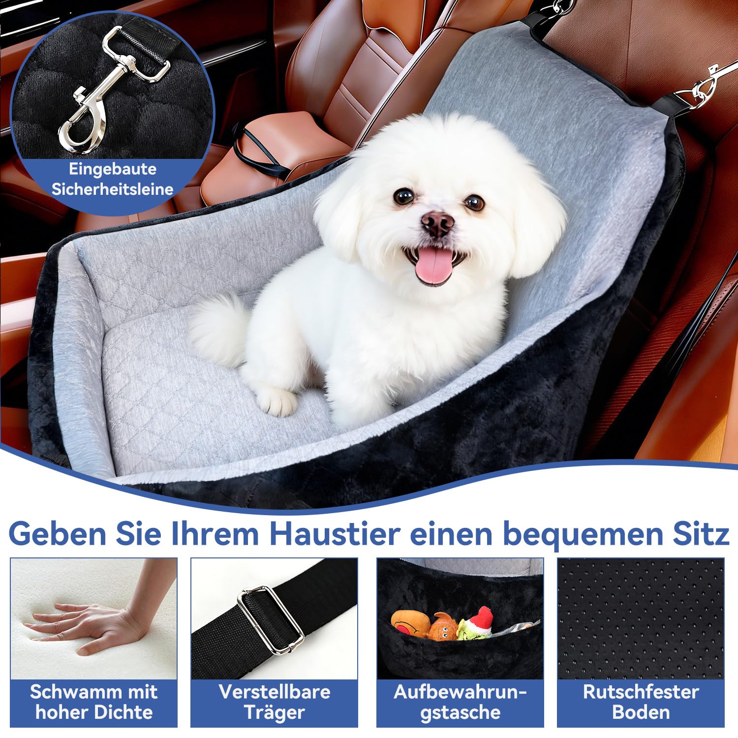 Hunde Autositz für kleine & mittlere Hunde – Abnehmbarer, waschbarer Hundesitz bis 30lbs, mit Staufächern & Sicherheitsgurt als reversibles Hundebett