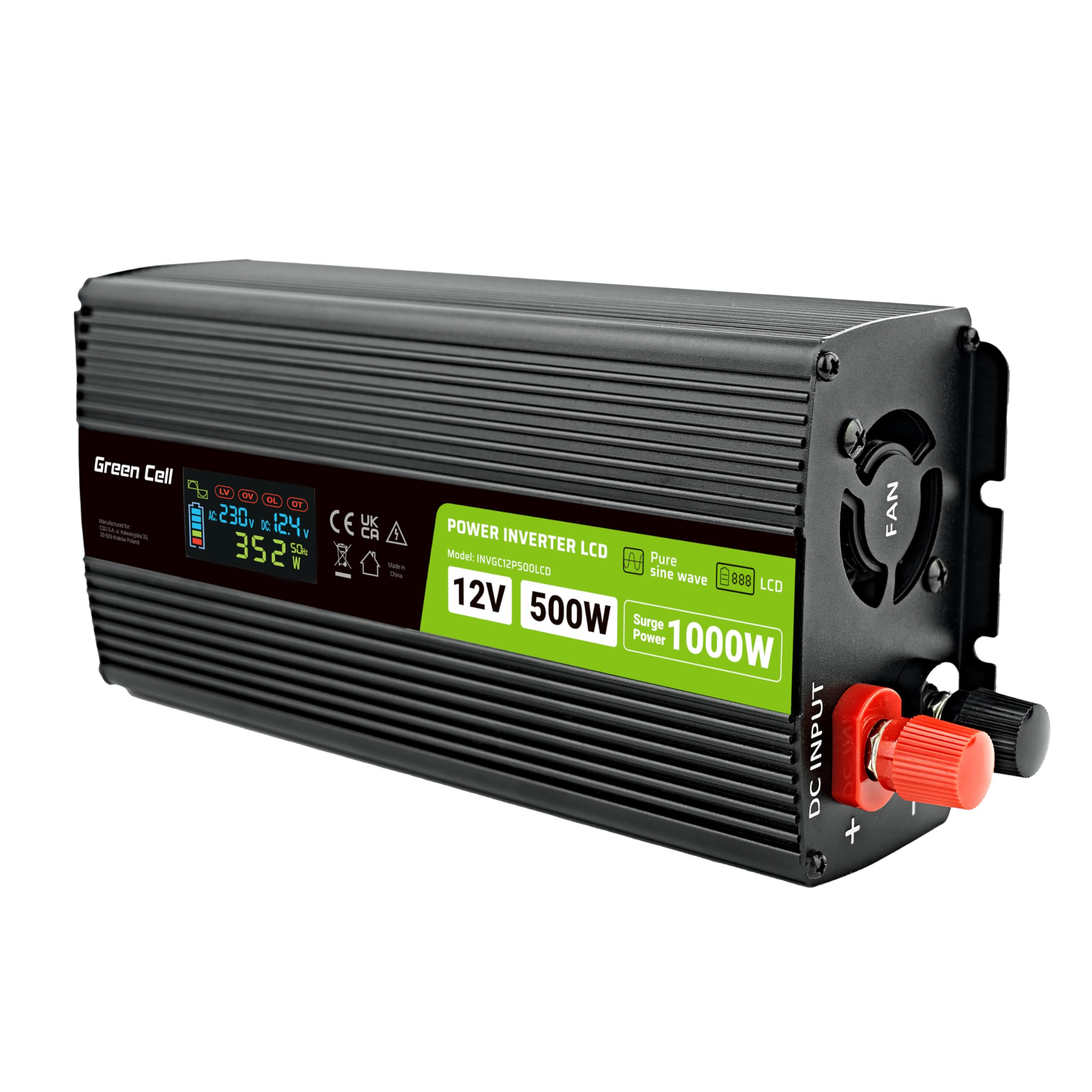 Green Cell Inversor de Corriente LCD 500W/1000W 12V a 230V, Onda Sinusoidal Pura, Conector Schuko Tipo F, Convertidor DC AC para Caravana, Coche y Camping