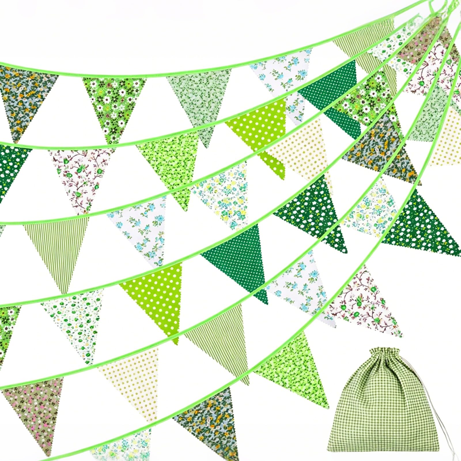 Beyinkoy Floral Bunting Banner, 12M/39Ft Reusable Triangle Flag Banner with Storage Bag, 42 Pcs Cotton Fabric Flags Pennant Garlands for Birthday, Wedding, Baby Shower, Room Decor (Green)