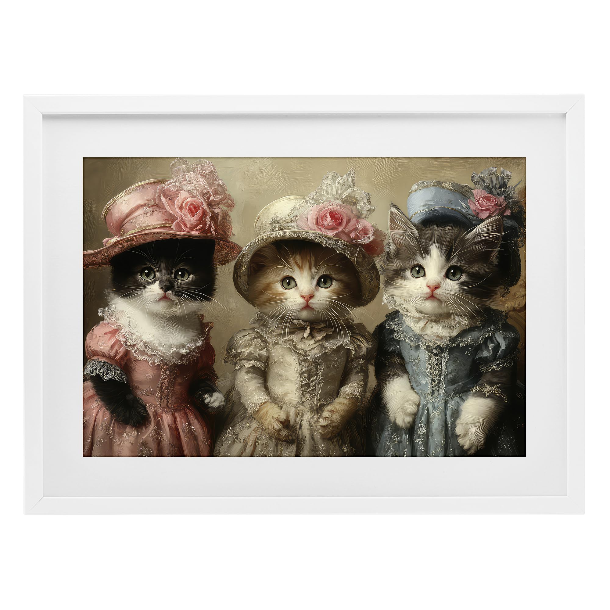 Stupell Industries Coastal White (Textured) Vintage Dress Cats Floral Whimsical, 17 X 23 Inch Framed Print Under Glass