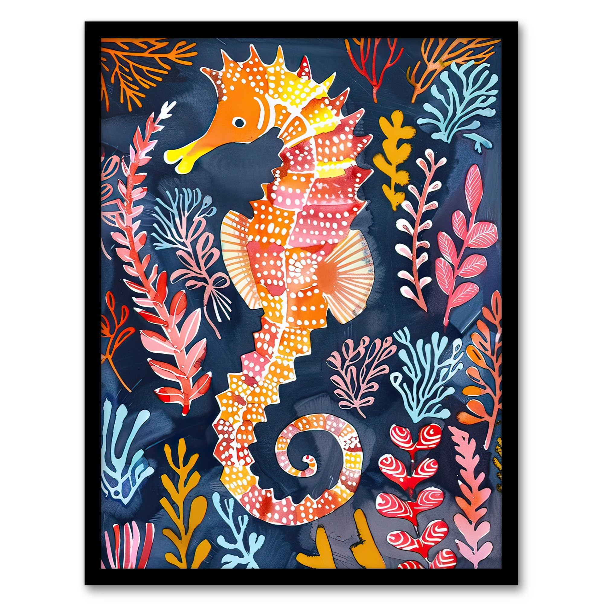 Artery8 Vibrant Seahorse Colourful Coral Reef Folk Art Bathroom Toilet Artwork Framed Wall Art Print A4