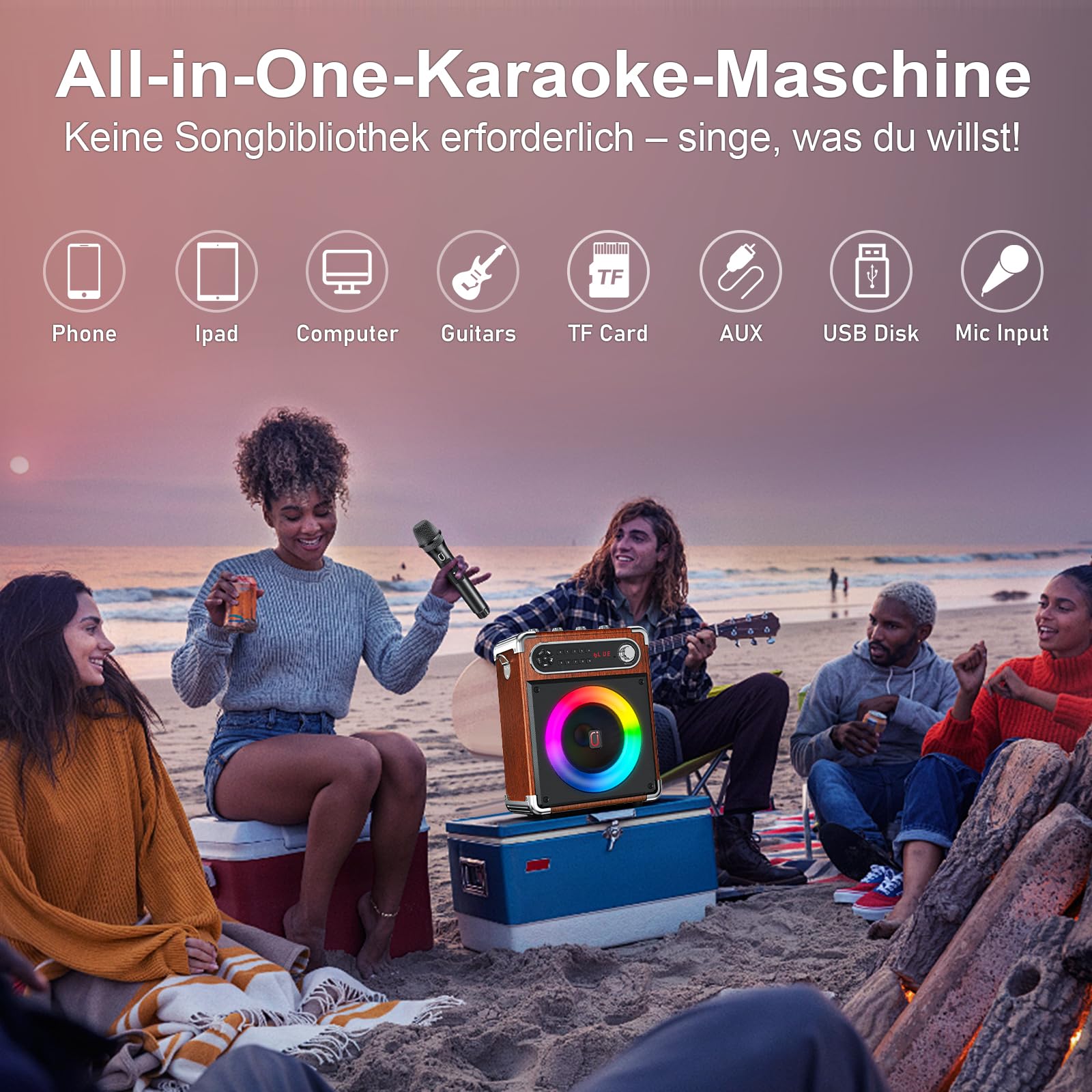 JYX Karaoke Maschine, Karaoke Anlage mit 2 Mikrofonen, Tragbare Bluetooth 5.3 Karaoke Box, 80W PA Anlage mit RGB-Lichtern, Bass/Höhen/Echo, TWS/FM/TV/AUX/USB/TF/REC für Familie, Party, Outdoor(Wood)