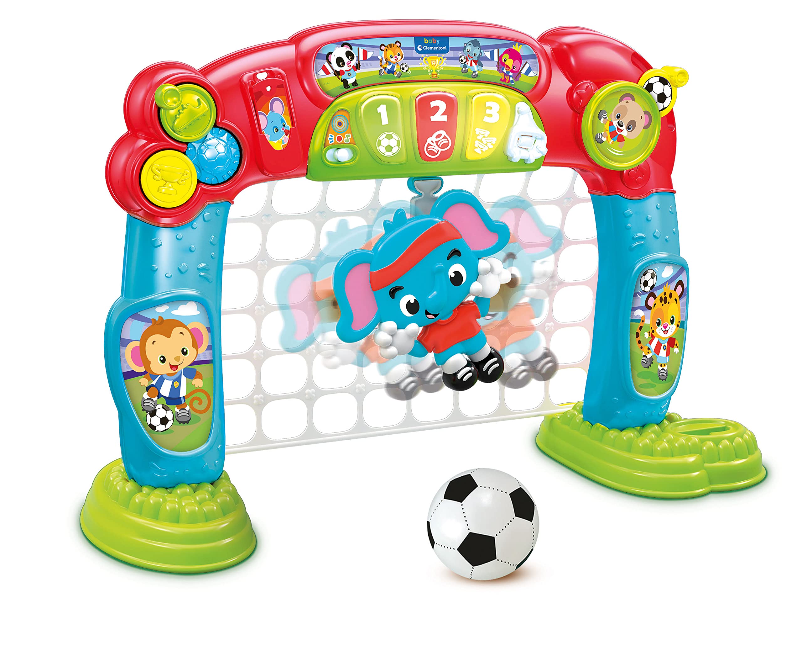 Clementoni Baby 17438 - Tira e Segna Goleador Evolution, Porta Calcio per Bambini 18 Mesi - Gioco elettronico e interattivo, Centro attività, insegna i Numeri - parlante in Italiano, Made in Italy
