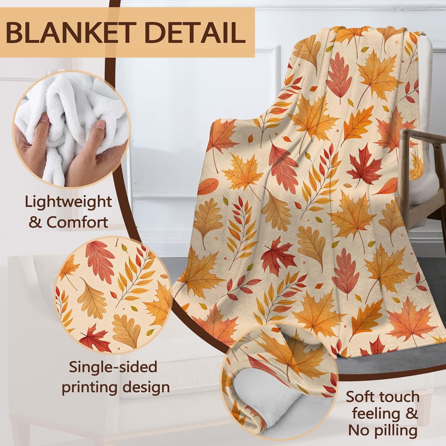 Fall Leaf Throw Blanket for Couch Home Decoration,Autumn Thanksgiving Cozy Fluffy Blanket,Decorative Flannel Fleece Fall Throw for Sofa Living Room Travel,Camping,Naps,Reading50 X 60 Inch - Image 3