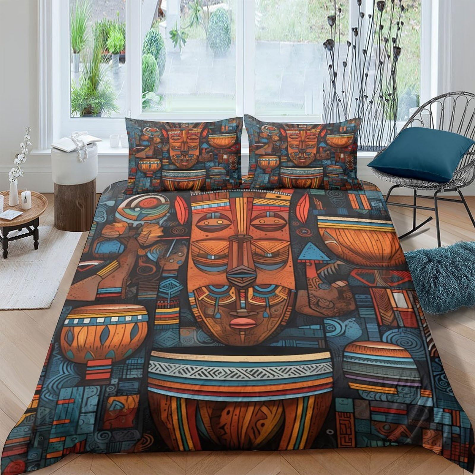 Ctjqhvkz Style-6 3D Printed African Tribal Mask Fitted Sheet Microfiber Orange Blue Ethnic Mattress Cover For Bedroom Dorm Decor Single（135X200cm）