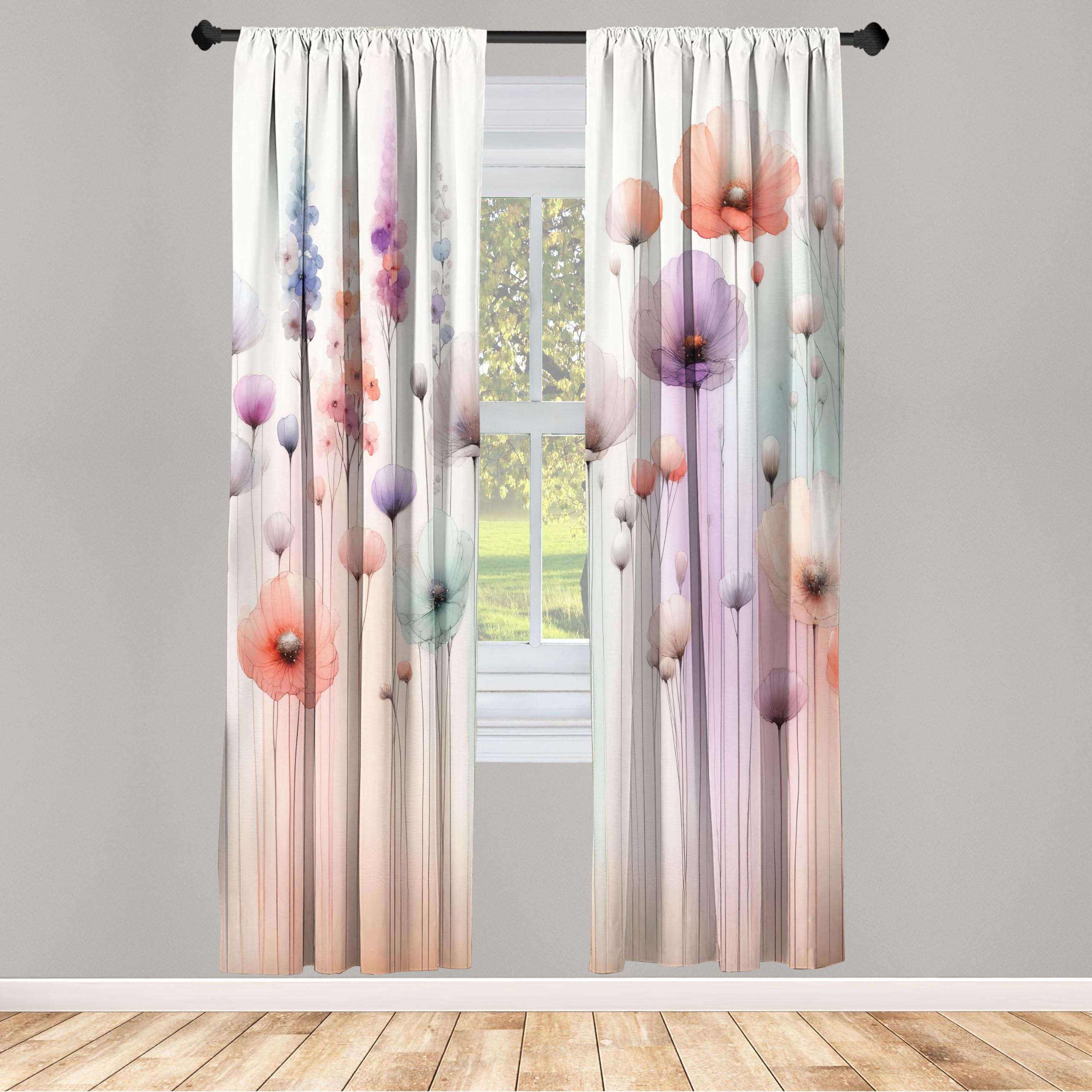 Ambesonne Floral Window Curtains, Dreamy Silhouettes of Fantasy Woods Gentle Poppy Flowers and Lavenders, Lightweight Decorative 2-Panel Set & Rod Pocket, Pair of - 28