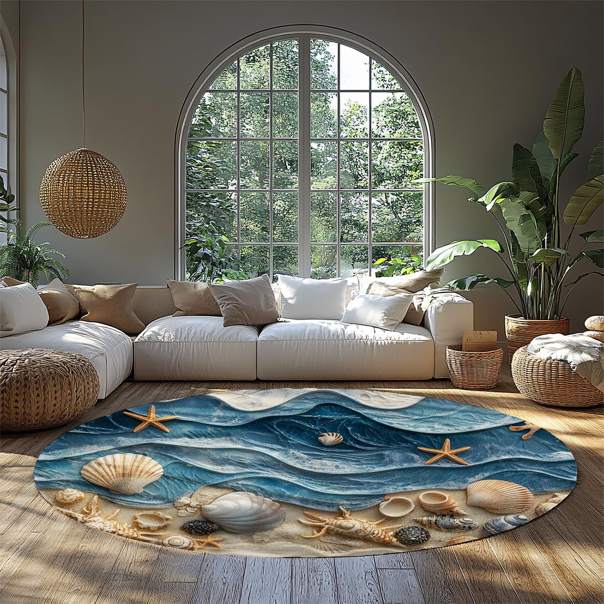 Alfombras redondas náuticas playa 100cm Olas 3D océano concha estrella mar alfombrilla lavable antidesl fina plegable pelo bajo resist manchas para Salón Baño
