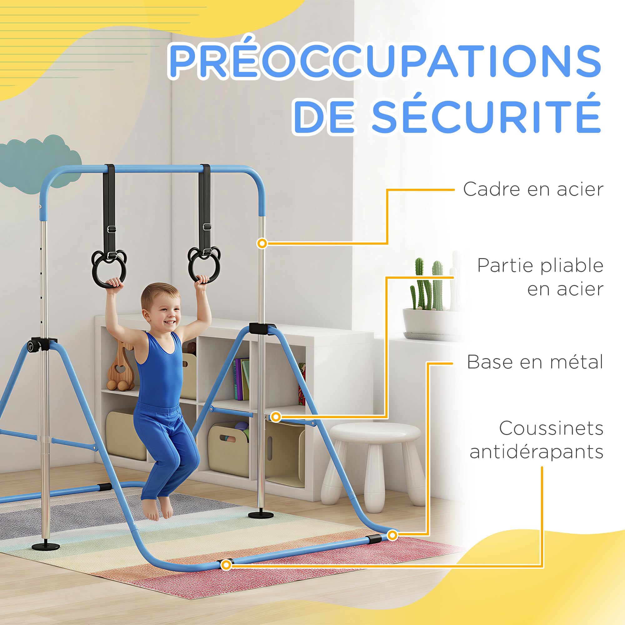 HOMCOM Barre de Gymnastique pour Enfants, Barre Horizontale, équipement de Gymnastique Pliable à Hauteur réglable 88-128 cm avec Anneaux de Gymnastique