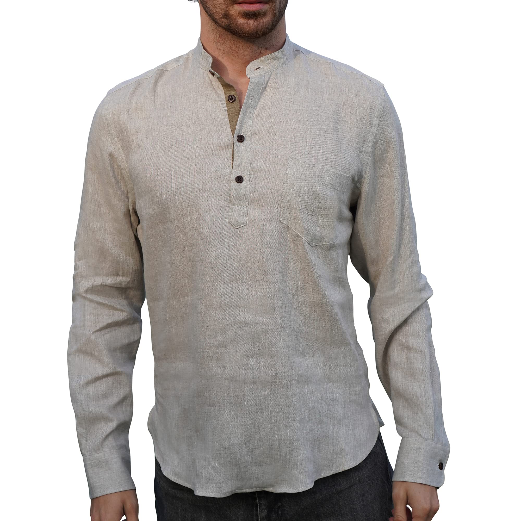 Borges & Scott - Camisa 100% lino irlandés Grandad Henley - Manga larga, marrón claro, M