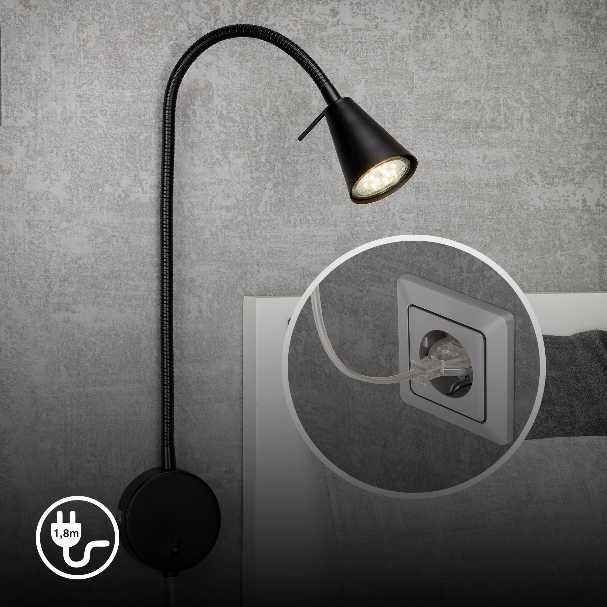 Briloner Leuchten lampa LED do łóżka Flexarm, w zestawie włącznik/wyłącznik, 4 W, 400 lumenów, 3000 kelwinów, metalowa, czarna, 4 W