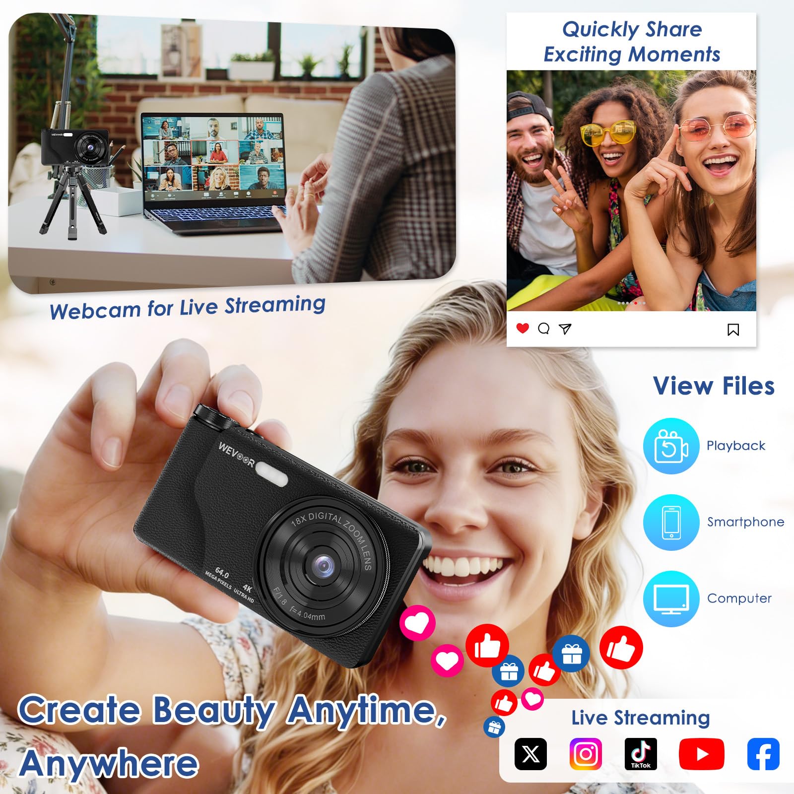 Macchina Fotografica Digitale 4K 64MP, Wevoor Fotocamera Digitale Compatta 32GB con Flip 180° da 3", Zoom Digitale 18x, Batteria da 2000 mAh, Digital Camera Per Principianti Adolescen Bambini - Nero
