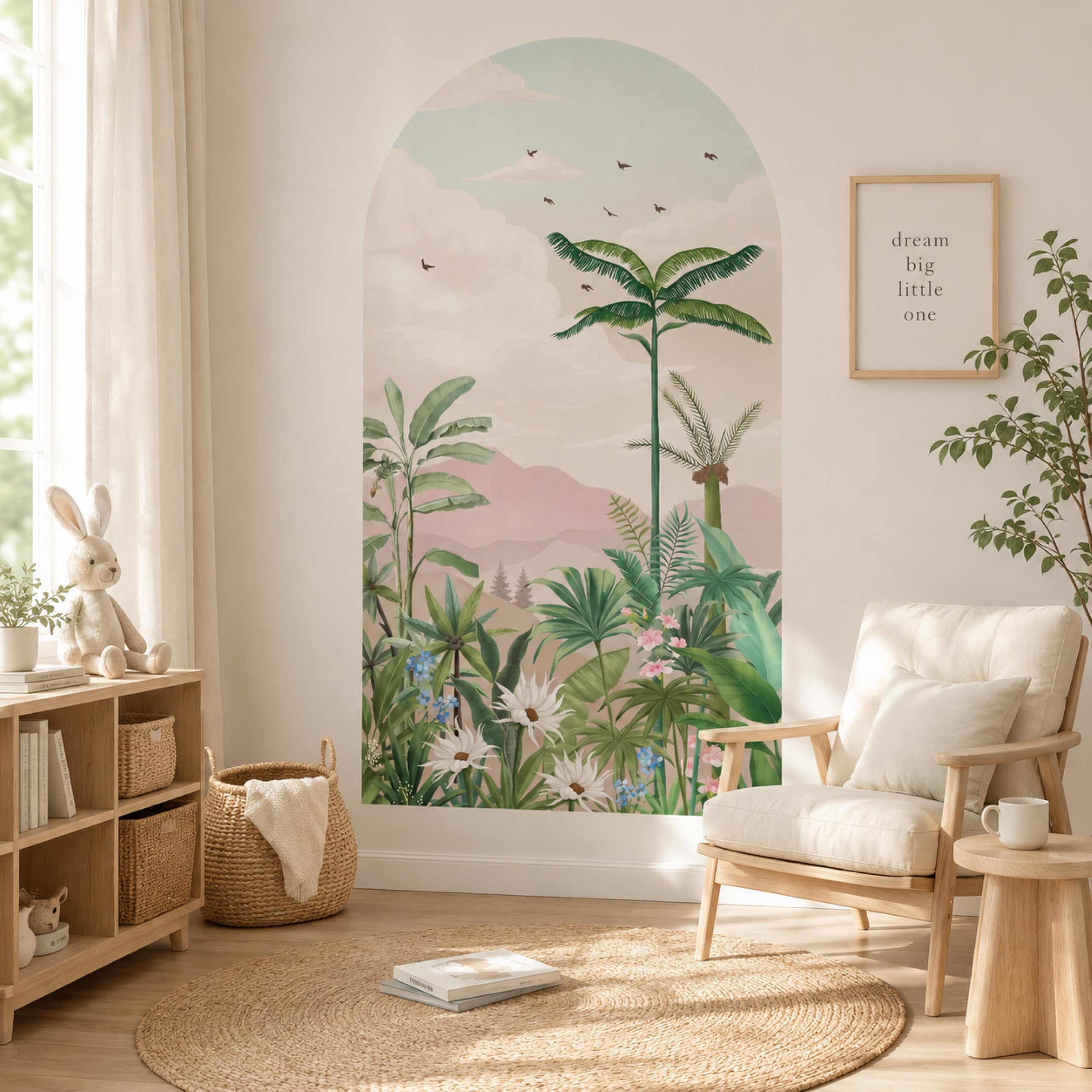 JAAMSO ROYALS Pastel Tropical Arch Wall Mural Sticker Botanical Jungle Wall Decal with Palm Trees, Flowers and Birds for Bedroom, Nursery, Living Room and Hallway Décor (180CM x 90CM)-image-34
