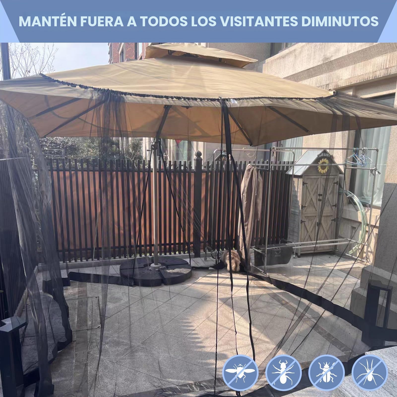 Mosquitera cuadrada para paraguas, red de paraguas de patio, mosquitera a prueba de viento con cremallera, cordón ajustable y base rellenable de agua para paraguas cuadrados, toldos de hierro