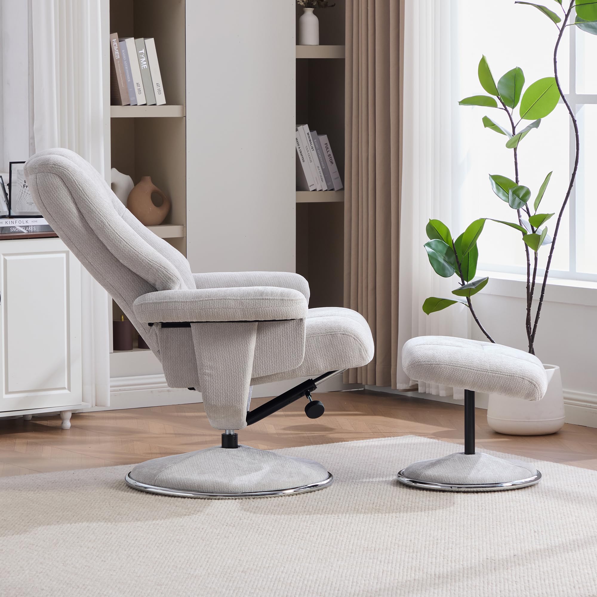 REXO Poltrona relax girevole multifunzionale con sgabello, tessuto di ciniglia, base interamente in metallo, rivestita in tessuto, estetica, stabile e affidabile, colore grigio