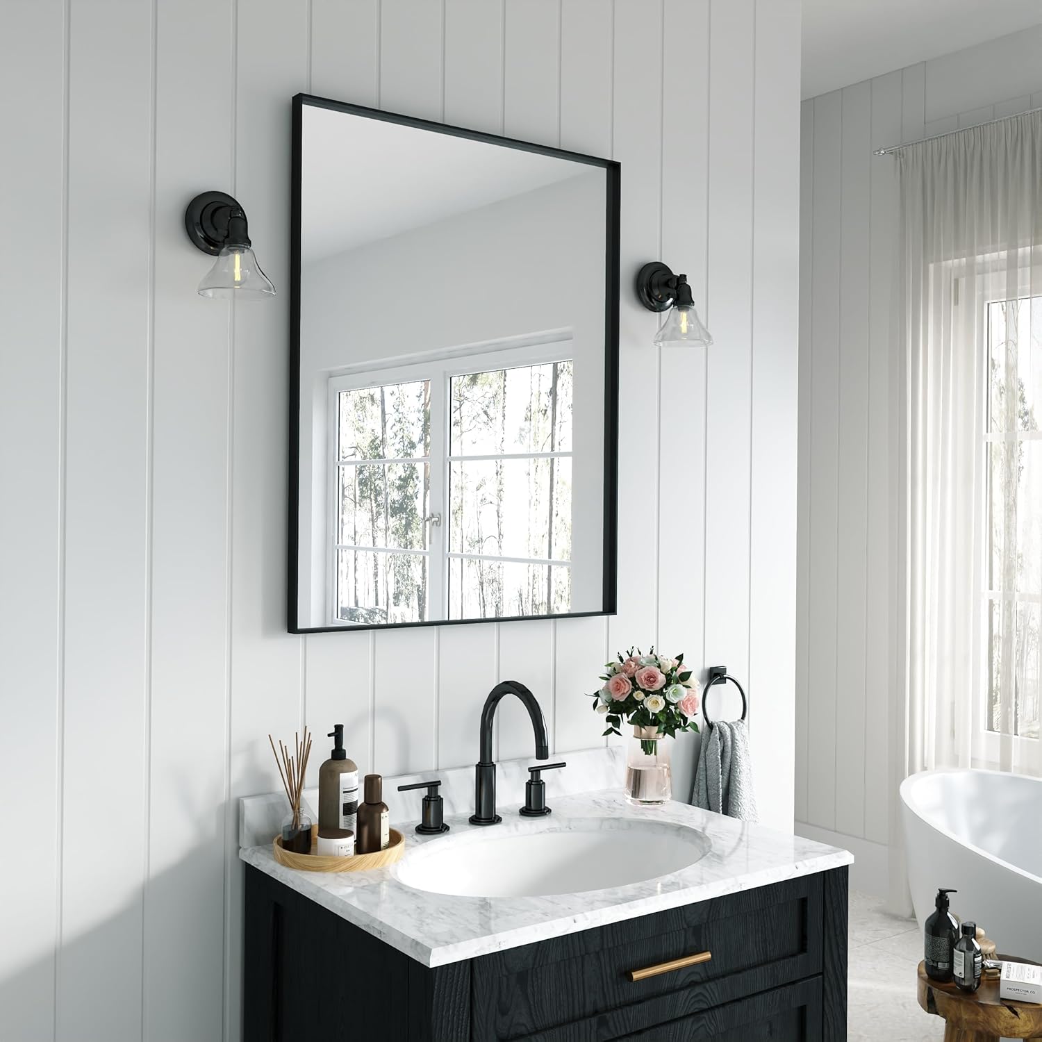 TOOLKISS Aluminum Frame Bathroom Mirror 28x36, Matte Black Rectangular Wall Mirror with Modern Metal Edge, Hangs Horizontal or Vertical for Vanity Living Room