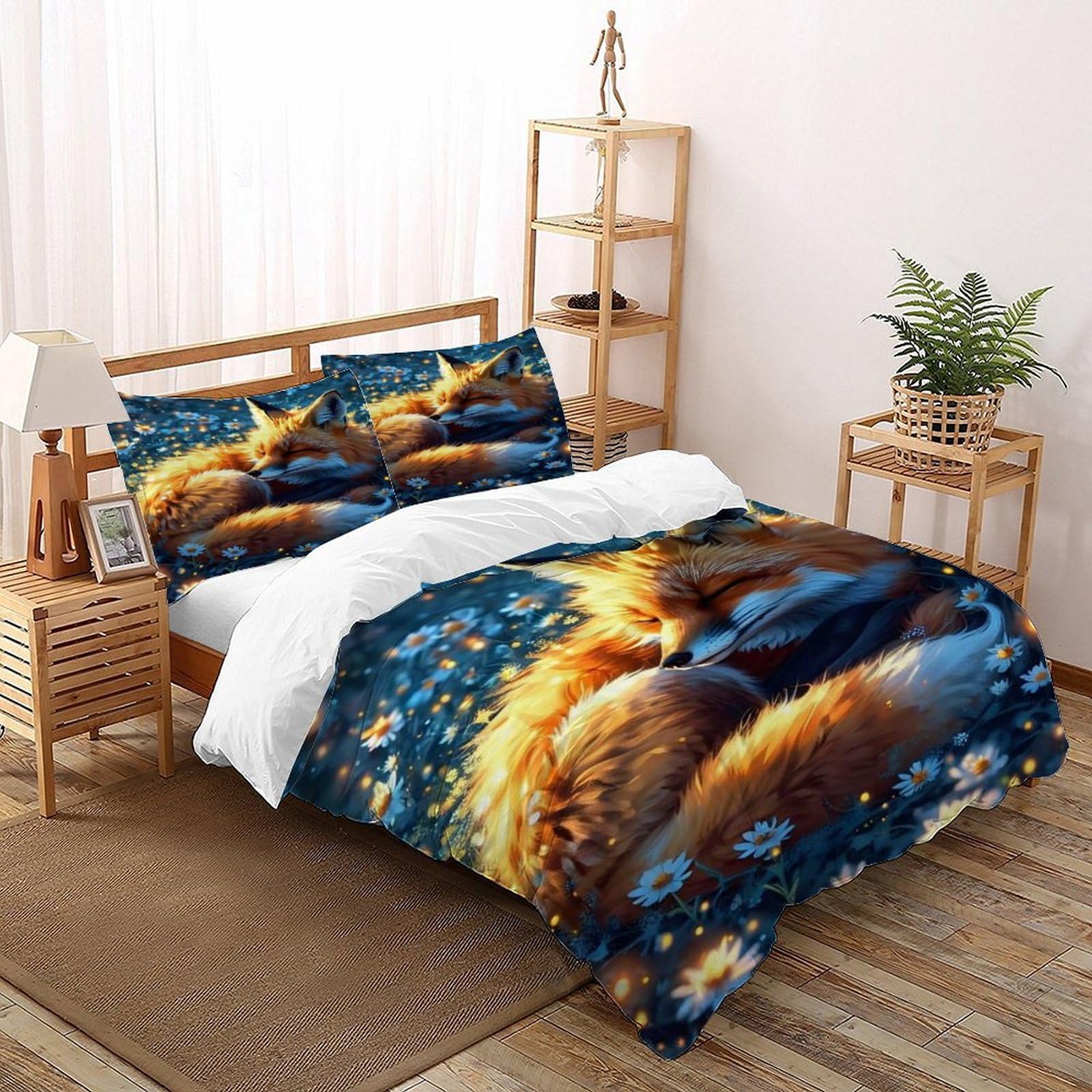 Fox Firefly Bedding Set 3D Design Animal Themes Wildlife Duvet Cover Set 3 Pieces Chic Breathable Comforter Cover Universal for All Seasons with Pillowcase Super King（260x220cm）