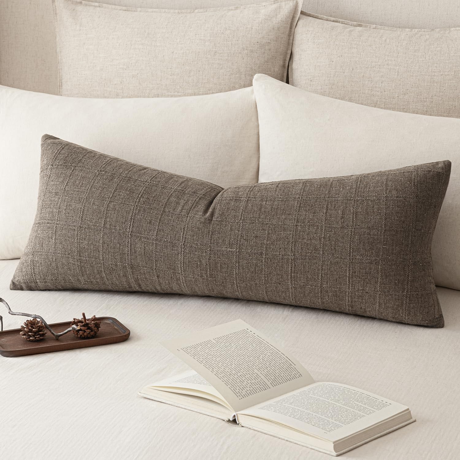 Foindtower Set of 1 Decorative Linen Check Throw Pillow Cover Neutral Farmhouse Lumbar Cushion Cover Soild Modern Boho Home Decor for Sofa Chair Couch Bedroom Living Room,14×36 Inch,Taupe Grey