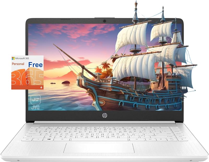 HP Stream Laptop, 14" HD Display, Intel Celeron N4120 Processor, 16GB Memory, 320GB Storage (64GB eMMC + 256GB Card), 1-Year Office 365, Webcam, HDMI, Wi-Fi, USB-C, Windows 11 Home, White, JVQ MP
