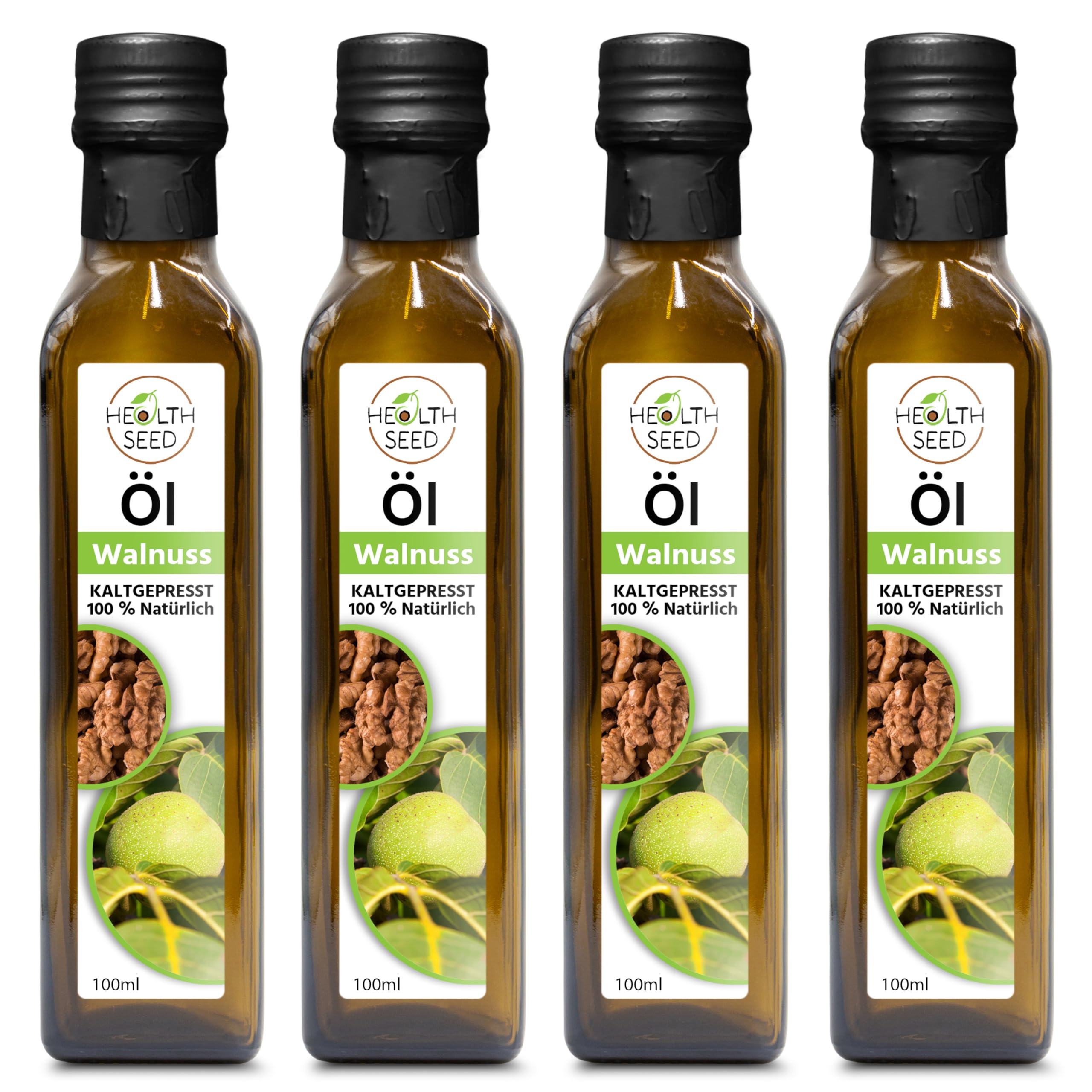 Health Seed® 4 x 100 / 400 ml – Aceite de nuez sin filtrar – Botella de cristal 100% puro prensado en frío – Fresco del fabricante