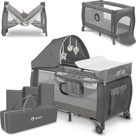 Sven Plus 2en1 Cuna de viaje y parque de bebés 1 0-36M Para niños hasta 15 kg Función de cambiador Mosquitero Apertura lateral con cremallera Ajuste de altura Gris