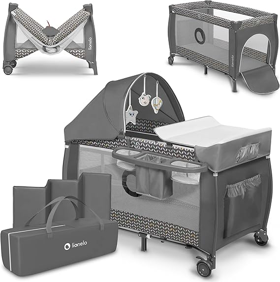 Sven Plus 2en1 Cuna de viaje y parque de bebés 1 0-36M Para niños hasta 15 kg Función de cambiador Mosquitero Apertura lateral con cremallera Ajuste de altura Gris