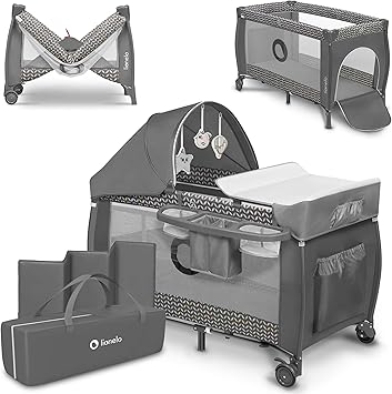Sven Plus 2en1 Cuna de viaje y parque de bebés 1 0-36M Para niños hasta 15 kg Función de cambiador Mosquitero Apertura lateral con cremallera Ajuste de altura Gris