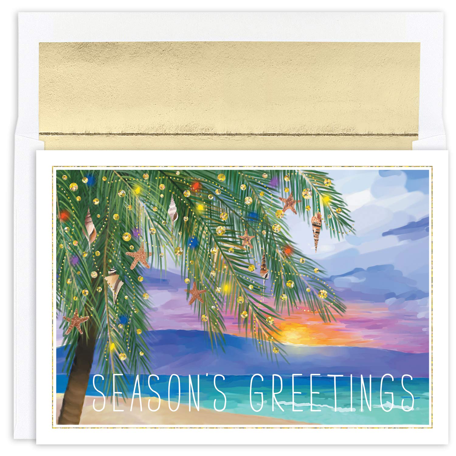 Masterpiece Studios Warmest Wishes 16-Count Boxed Holiday Cards with Foil-Lined Envelopes, 7.8" x 5.6", Tropical Sunset (928700)