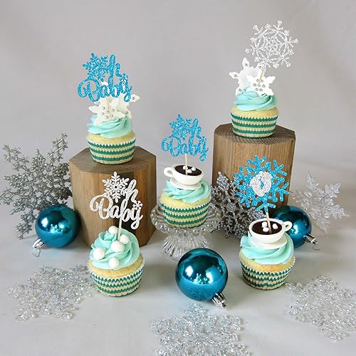 Miniatura 8 de Gyufise 24 piezas de copos de nieve plateados con purpurina para cupcakes con purpurina para decoración de invierno, boda, aniversario, despedida de
