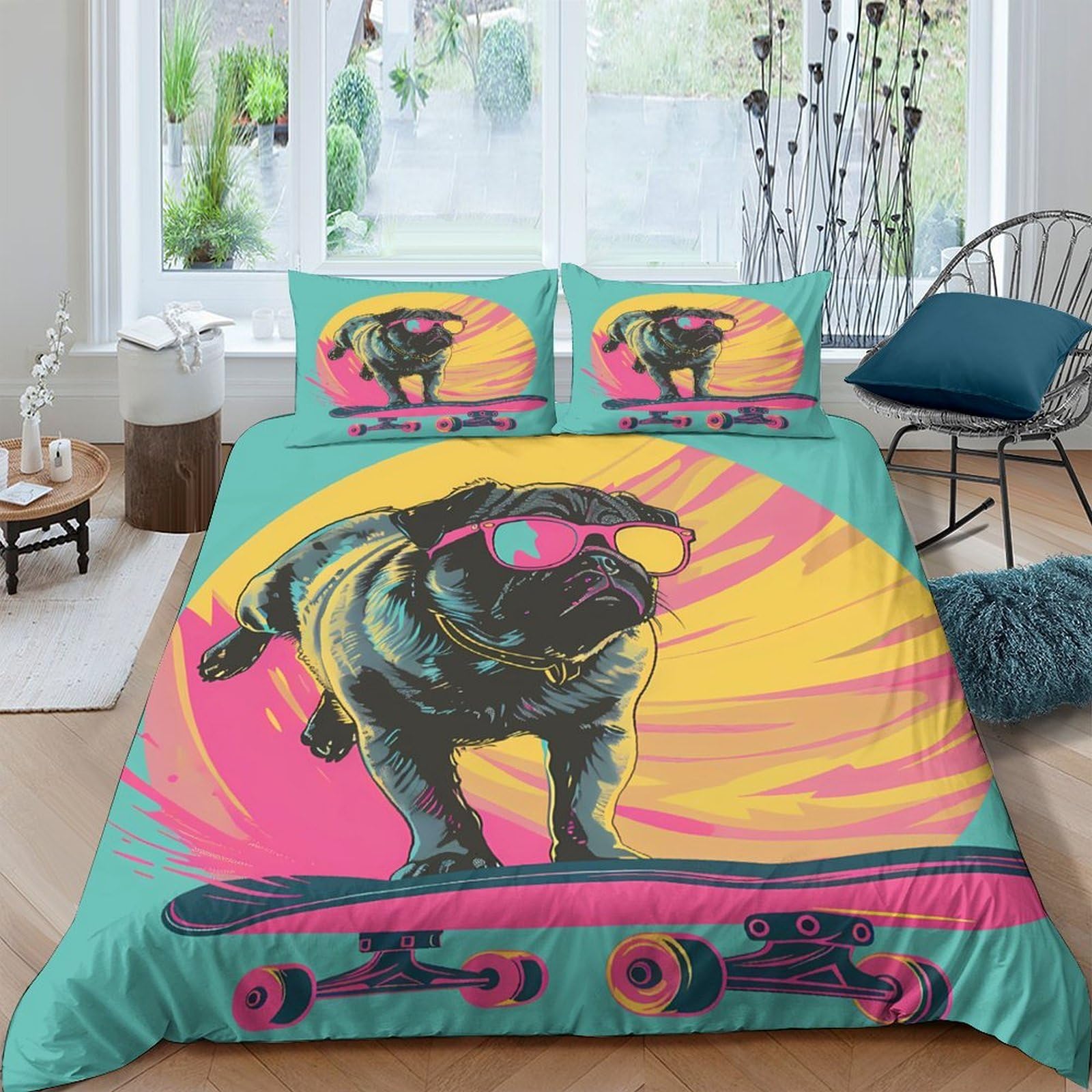 Ctjqhvkz Style-6 3D Printed Skateboarding Pug Fitted Sheet Microfiber Vibrant Cartoon Dog Bed Cover For Bedroom Dorm Mattress Decor Single（135X200cm）