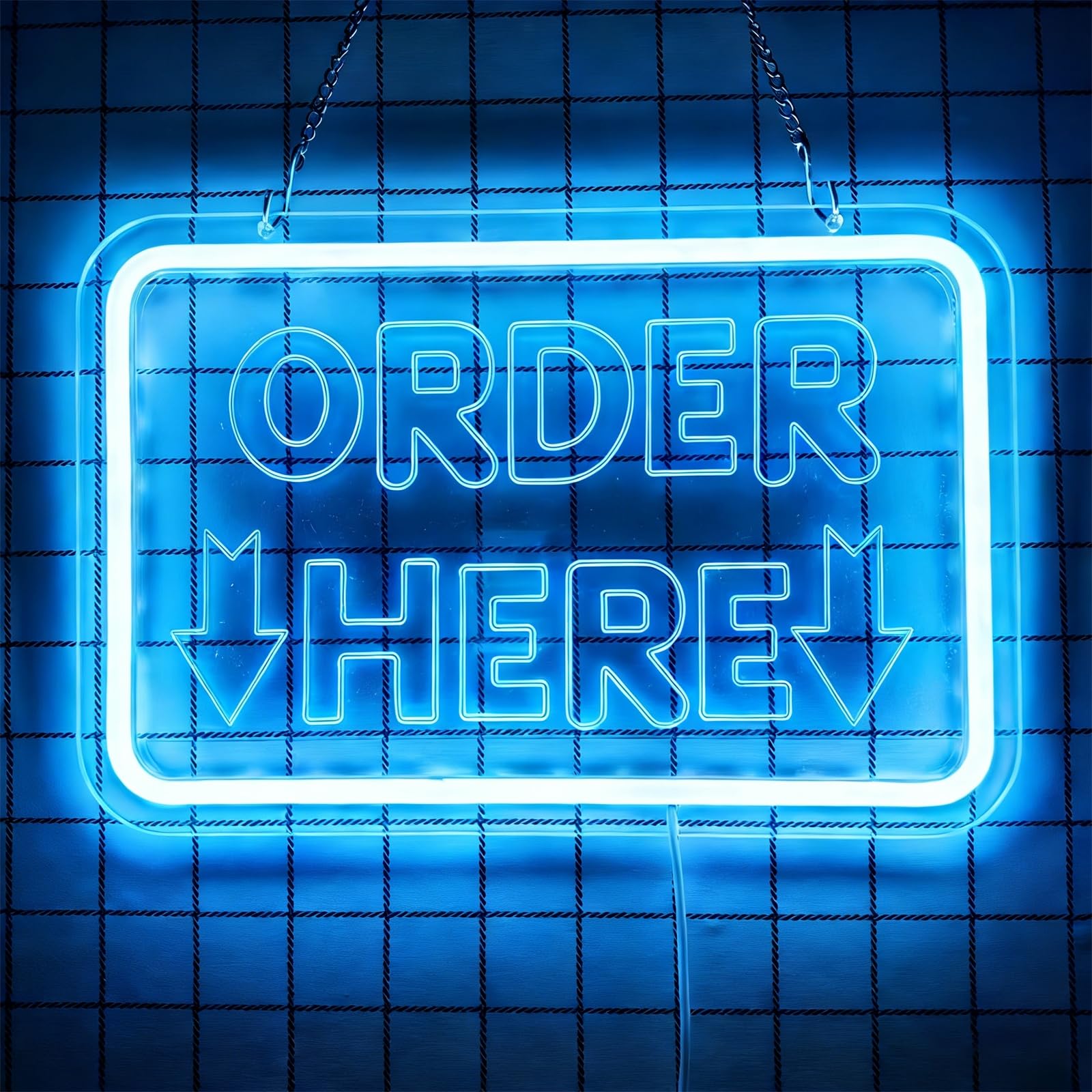 Order Here Enseigne Lumineuse néon, éclairage LED USB à intensité Variable pour Bar ou Boutique, décoration Murale pour comptoir de Caisse de Restaurant,Bleu,50x33cm