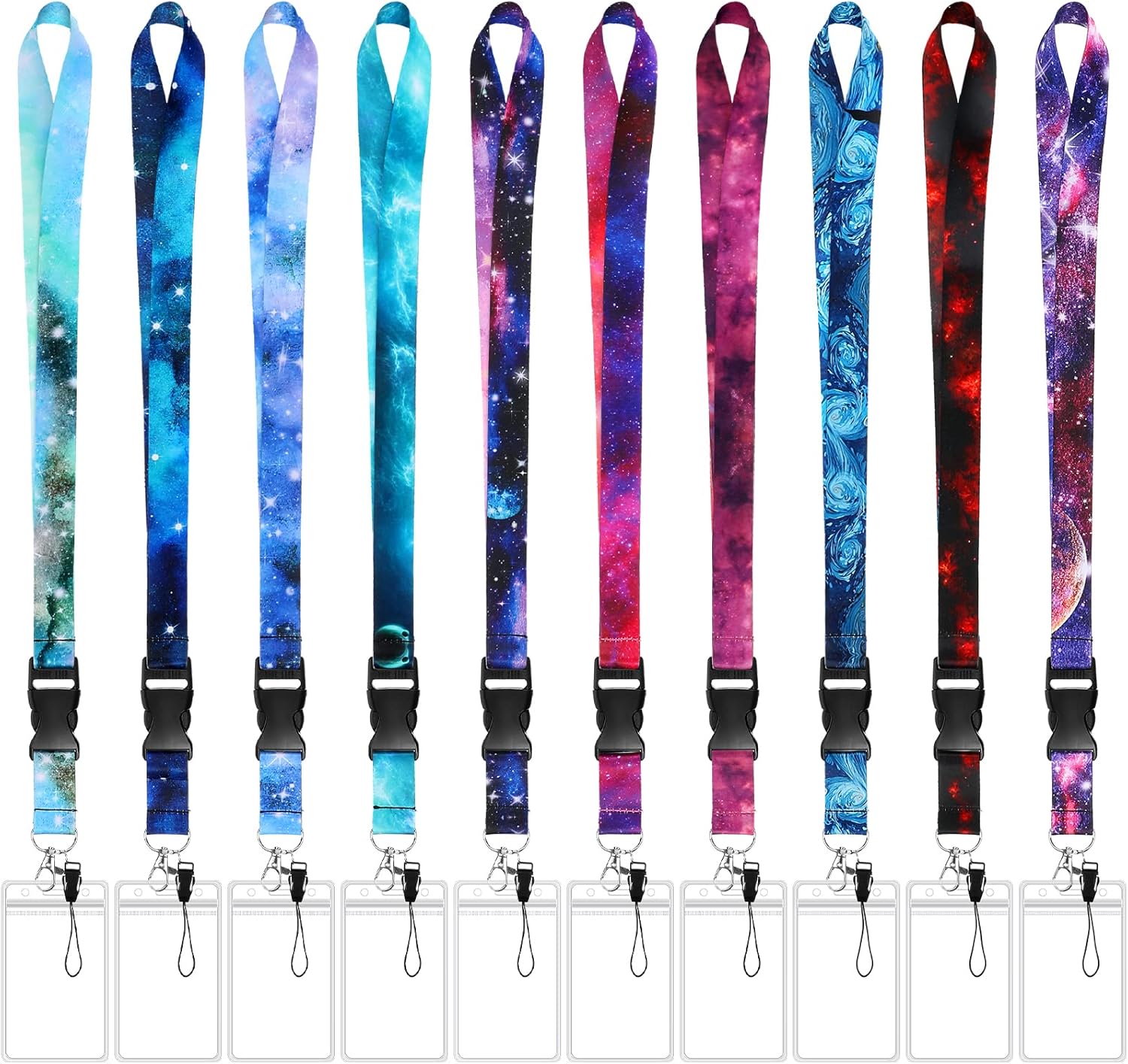 Clabby 10 Pack Lanyard for Key Space Starry Sky Galaxy Lanyard with 10 Clear ID Badge Holders Phone Strap with Spring Clip for Women Neck Space Men Name Tag Holders