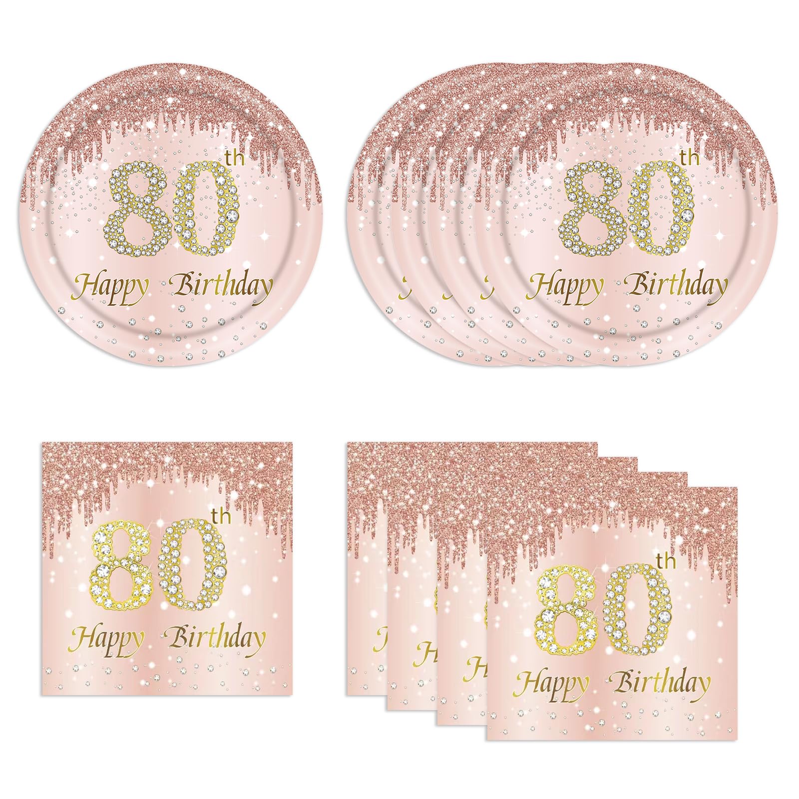 HiEnjoin 80th Rose Gold Birthday Plates and Napkins, 9 Inch Pink Rose Gold Disposable Dinner Dessert Plates Happy 80th Birthday Party Supplies