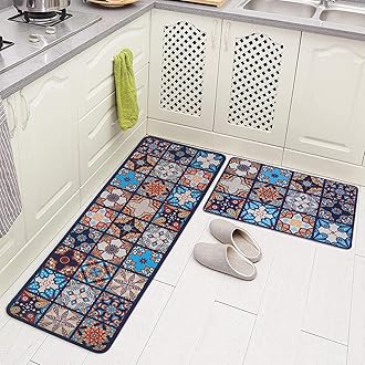 HomeCloud Rubber Kitchen Mats for Floor Set of 2 Pcs|Non-Skid, Soft Absorbent Rugs for Kitchen, Laundry, and Hallway|120x40cm, 40x60cm| 4mm Thickness (Rangoli_Blue), rectangular