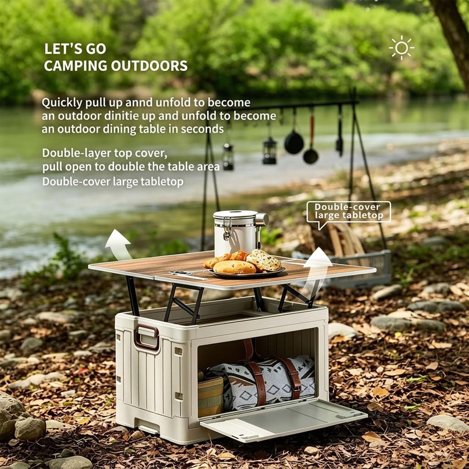 Camping Aufbewahrungsbox Faltbar mit Tisch & Seitenkorb | Kofferraum Organizer für Camping, Wohnmobil Reisen, Picknick und Outdoor Ausrüstung mit multifunktionaler Nutzung