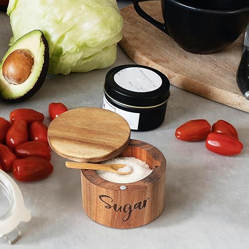 Miniatura 8 de Caja de especias de madera de acacia con cubierta giratoria para encimera de cocina, conservador de sal con cuchara integrada, moderno decorador de