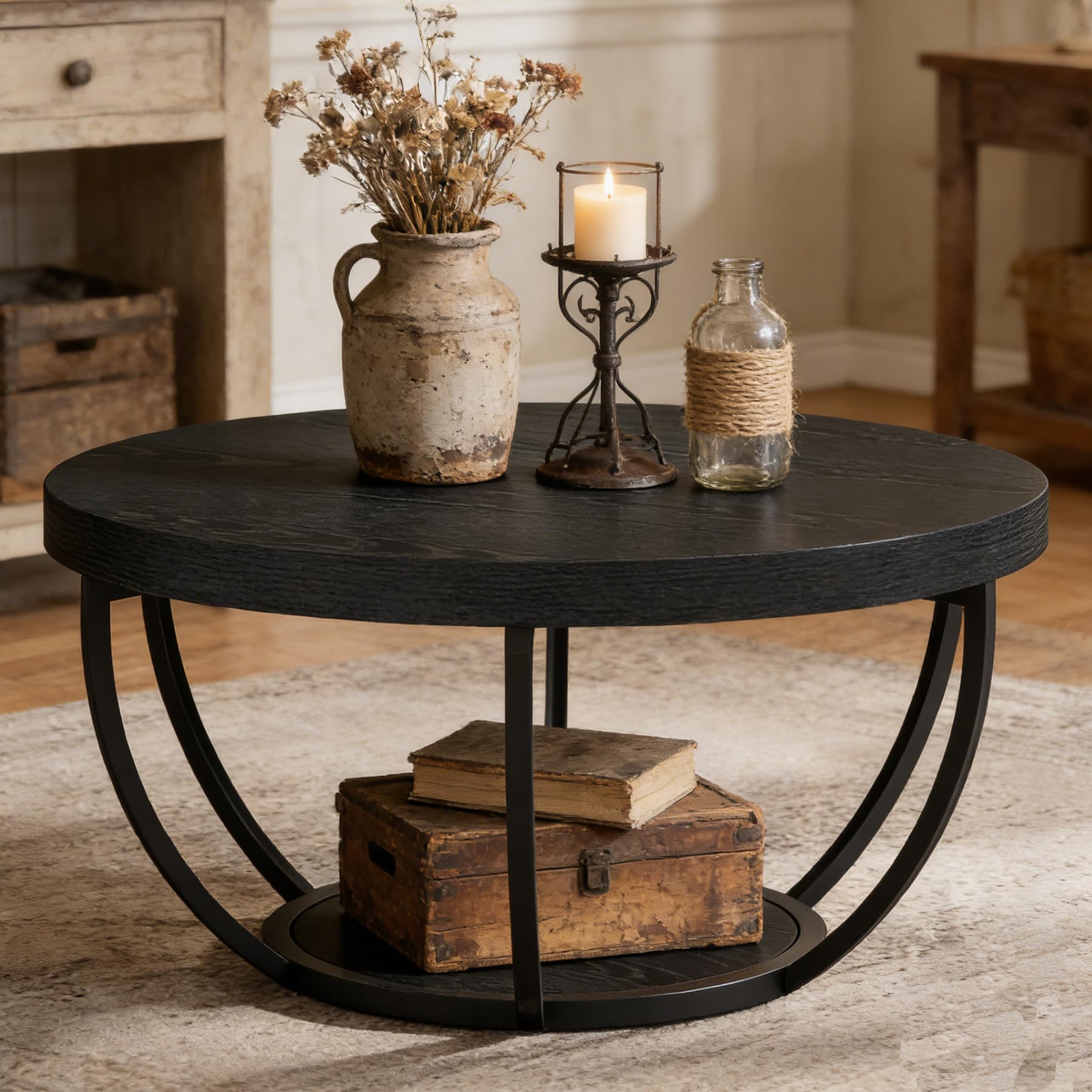 Tribesigns Round Coffee Table Farmhouse 32 Circle Coffee Table for Living Room Modern 2-Tier Wood Accent Center Table