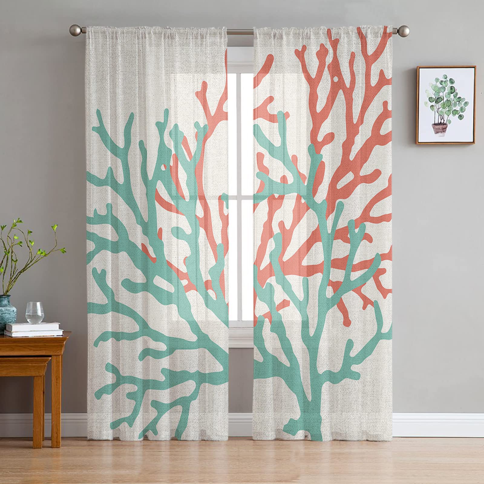 LOT BASIC Teal Orange Coral Sheer Curtains - 63 Inch Length, 2 Panel Set - Chiffon Curtain Sheers for Living Room, Summer Ocean Nautical Coastal