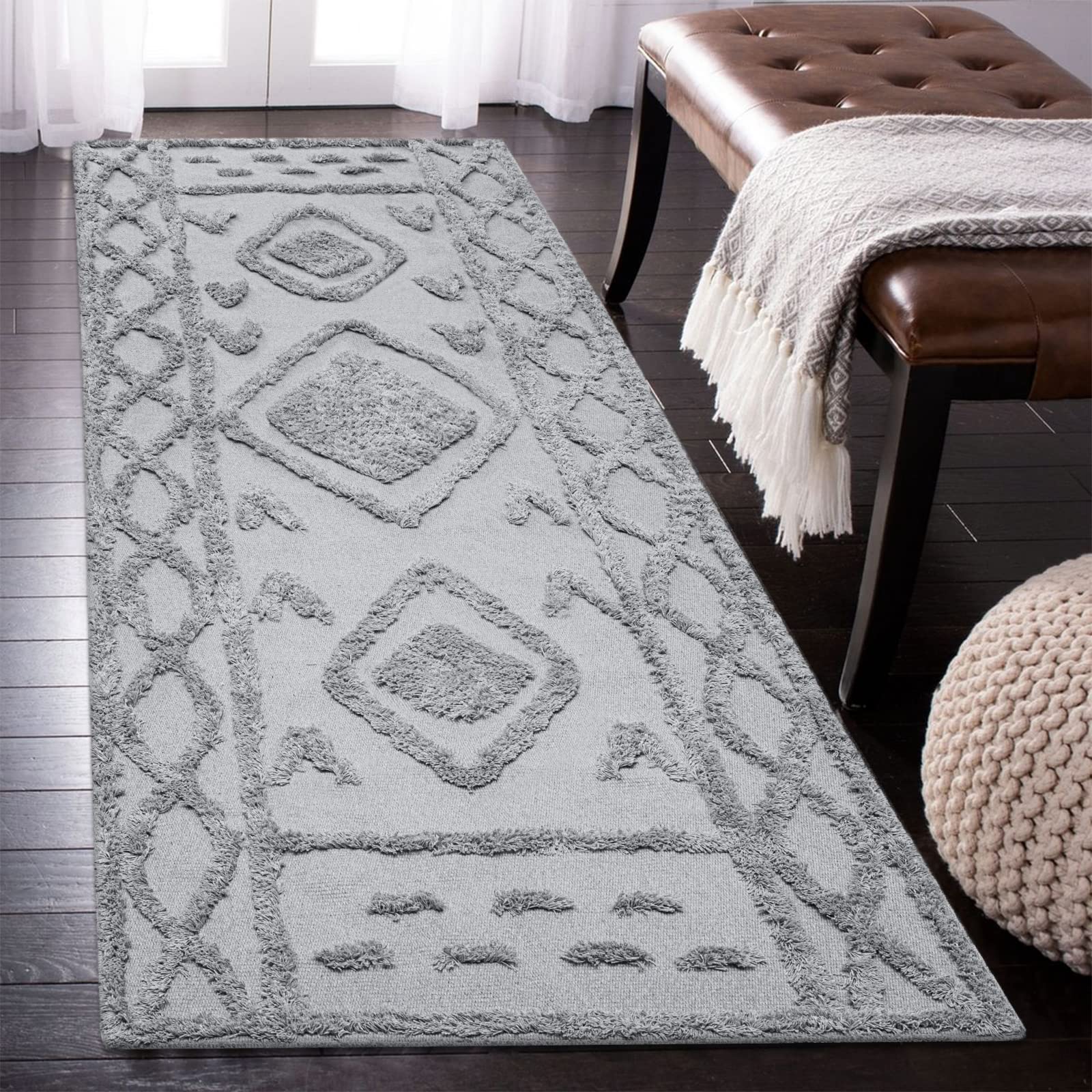 Photo 1 of AGELMAT Boho Runner Rug 2'x5' Tufted Cotton Area Rug Accent Beside Rugs Washable Cream Bohemian Long Throw Carpet for Hallway Bedroom Kitchen Laundry Living Room Bathroom Grey 2'x5' Grey