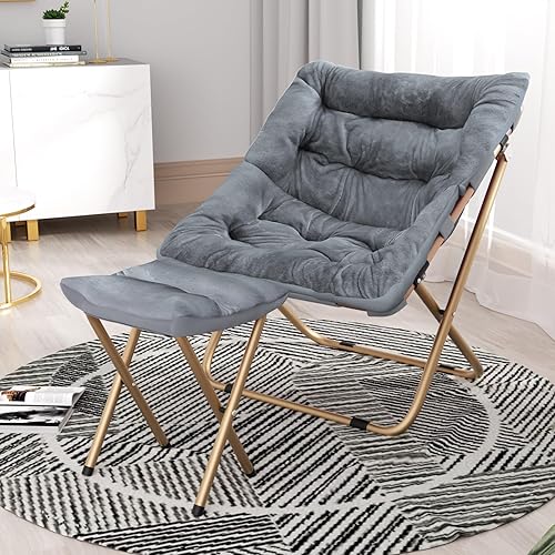 Miniatura 9 de Cómoda silla platillo para adultos, silla plegable de piel sintética suave con reposapiés, marco de metal, acogedora silla perezosa cuadrada de gran