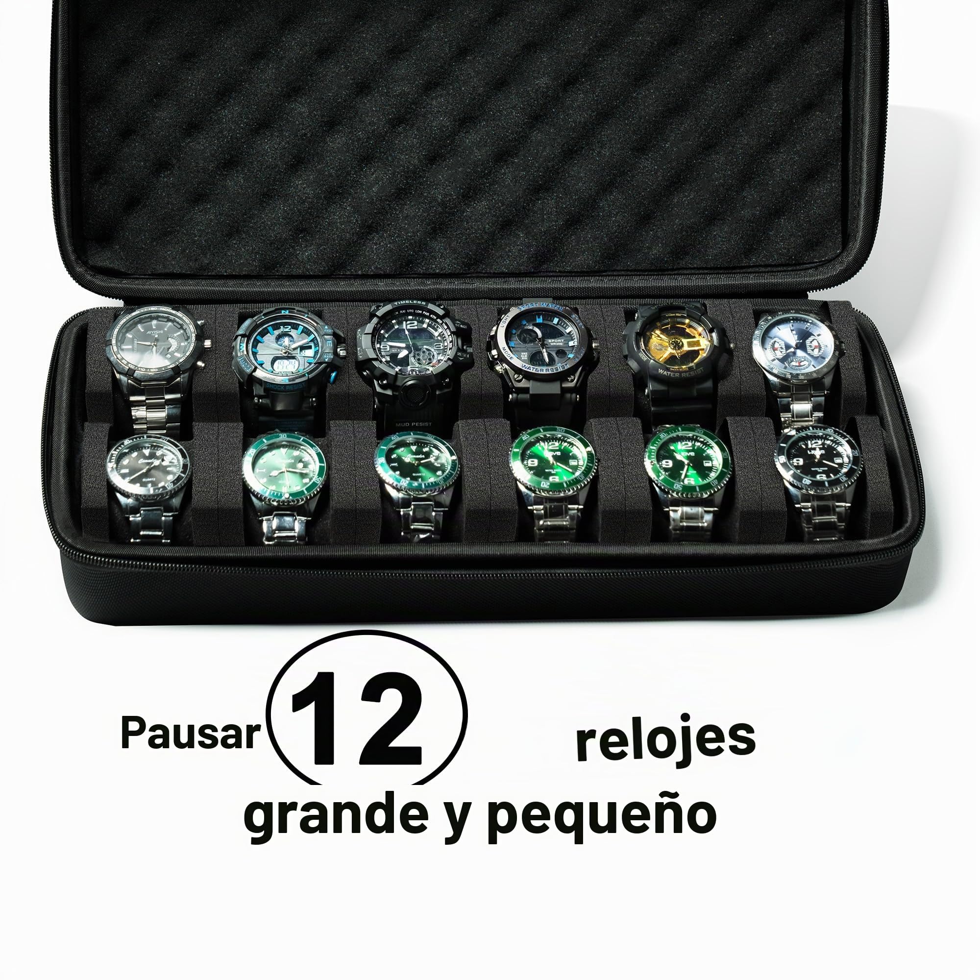 Estuche organizador de relojes de 12 ranuras, funda rígida de viaje hecha de aluminio, funda de viaje acolchada para exposición y organización de relojes