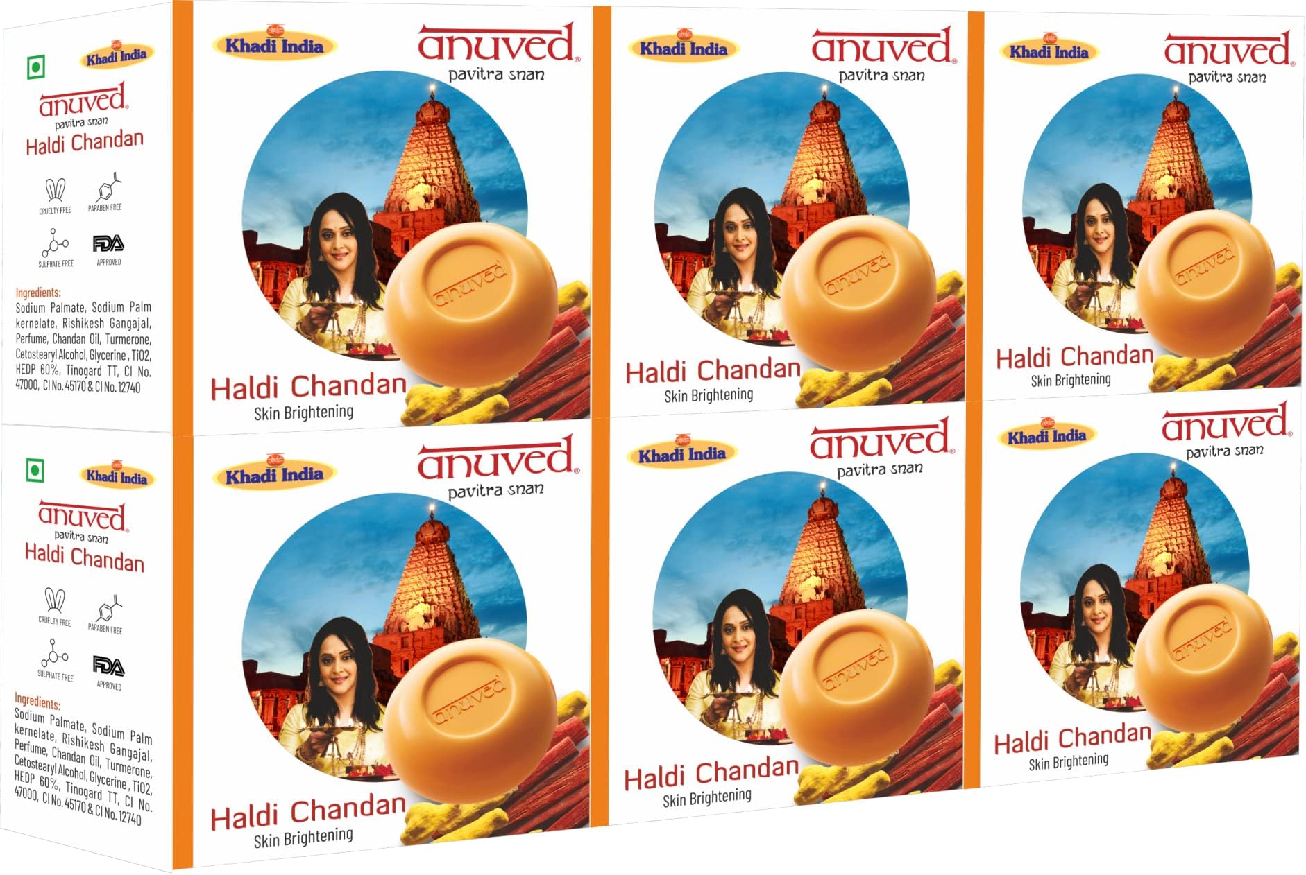 AnuvedHerbal Haldi Chandan Bathing Soap Contains Turmeric & sandalwood Oil For skin brightening, natural moisturizing & anti oxidant enriched with Rishikesh Gangajal (125 g Each). Set Of 6