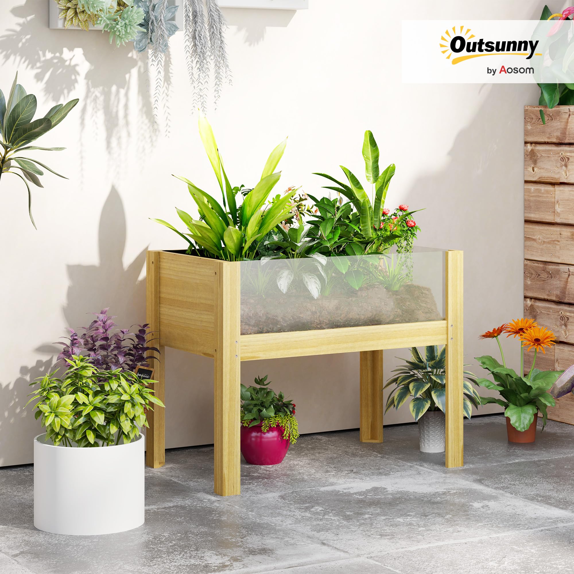 Outsunny Huerto Urbano de Madera Mesa de Cultivo con Paneles Acrílicos Jardinera Elevada para Cultivo Flores Vegetales en Jardín Terraza 75x46x60,5 cm Natural