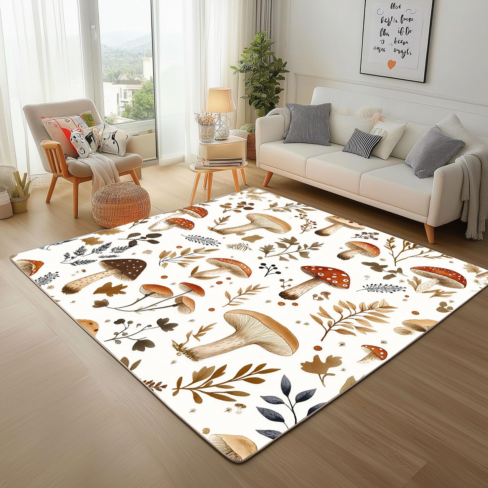 Tapis lavable en machine antidérapant aux motifs feuilles fleuries peintes
