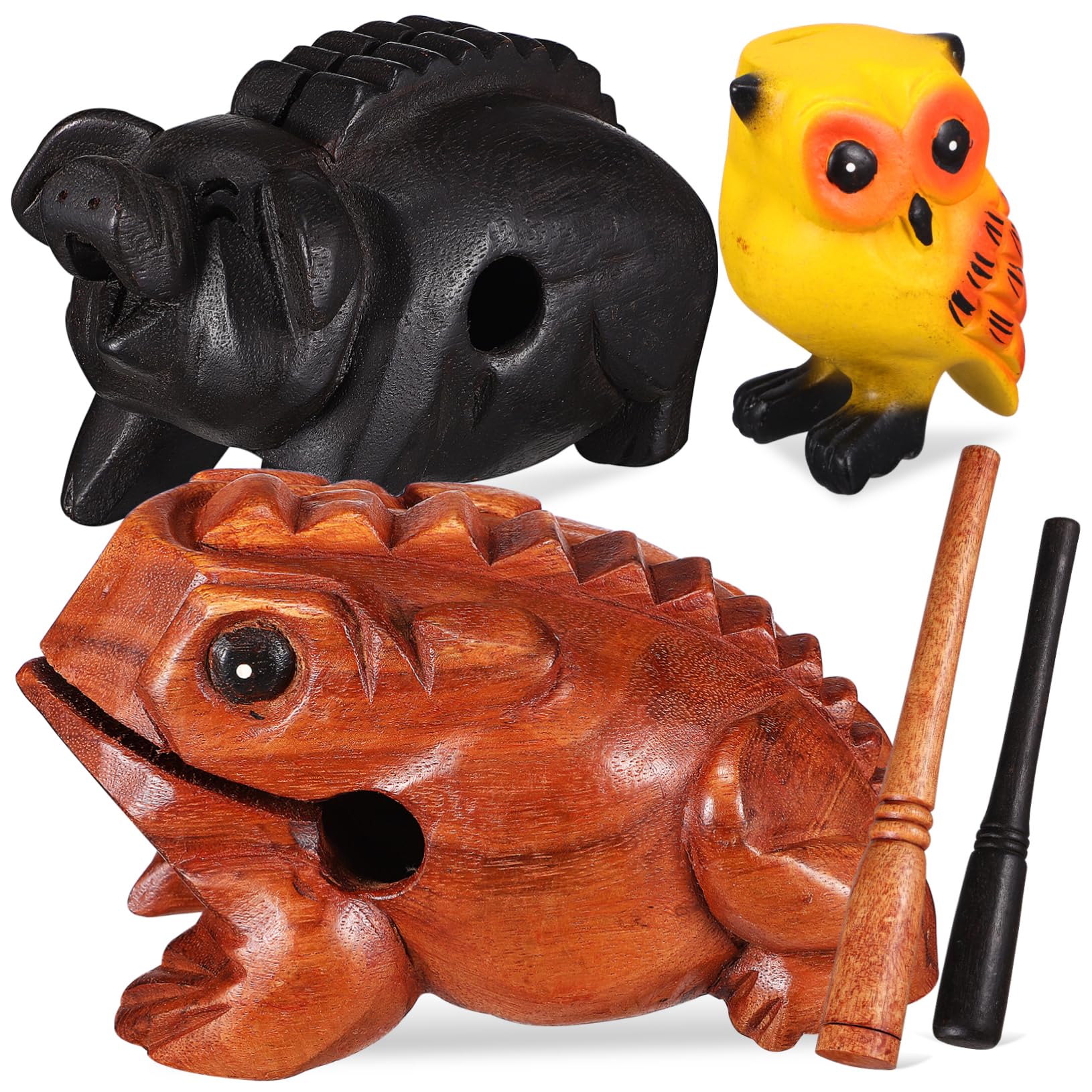 Toyvian 3 Pezzi Animali Sonori in Legno Rana, Maiale e Gufo, Decorazione la Casa e Strumento a Percussione, Intaglio Creativo
