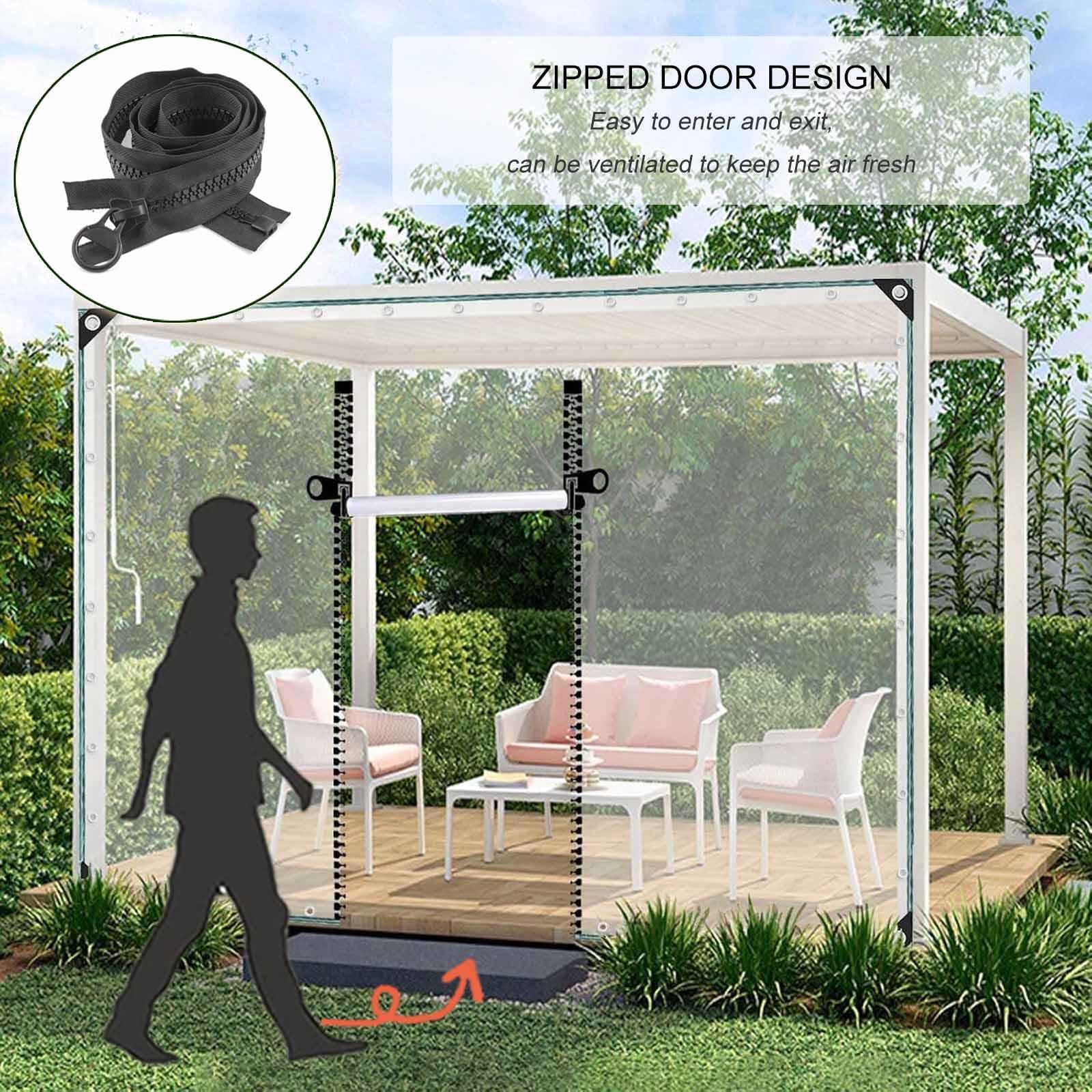 Transparente PVC-Planen-Vorhänge mit Reißverschluss-Tür für Outdoor-Pavillon, 2 x 2 m, strapazierfähig, transparent, Outdoor-Pavillon-Vorhänge mit Reißverschlusstür, wetterfest und langlebig, Terrasse